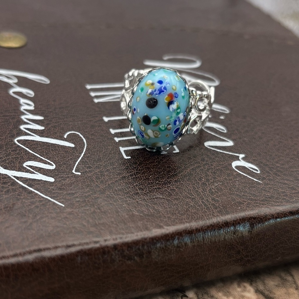Vintage Blue Millefiori Art Glass Adjustable Statement Ring